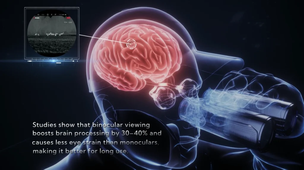 Binokulares Sehen mit einem Wärmebild-Fernglas sorgt für eine ruhigere Wahrnehmung bei längerer Beobachtung.