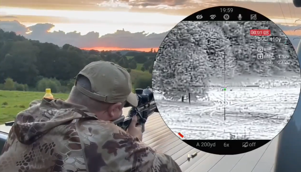 Hunter using a thermal rifle scope while sighting in a thermal scope with thermal view overlay