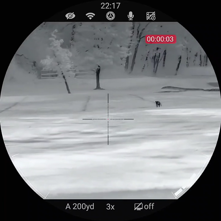 Thermal scope view showing crosshair while sighting in a thermal scope at 200 yards