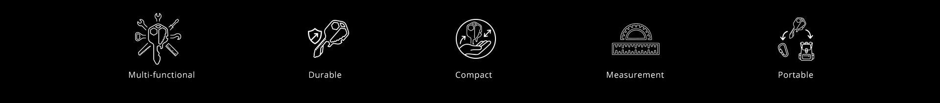 Ikoner för multiverktyg: Multifunktionell, Hållbar, Kompakt, Mätning, Bärbar.