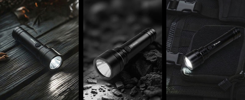 Three-panel product image of a black rechargeable tactical flashlight.