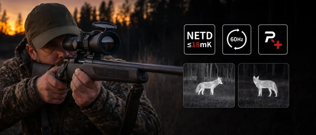 Hunter aiming a thermal scope at dusk with clear NETD, 60Hz, and R+ feature icons plus thermal-view coyote panels